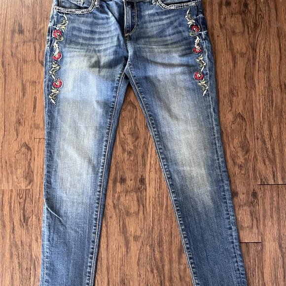 Driftwood Embroidered Jeans Womens 30 Floral Bohemian Distressed Selvage - Picture 2 of 7